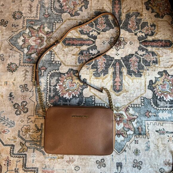 Michael Kors Crossbody Purse Chain Brown Leather Bag Small Everyday Handbag - Picture 1 of 12